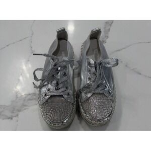 Manshu Shoes Womens‎ Size 230 Silver Rhinestone Espadrille Lace Up Platform